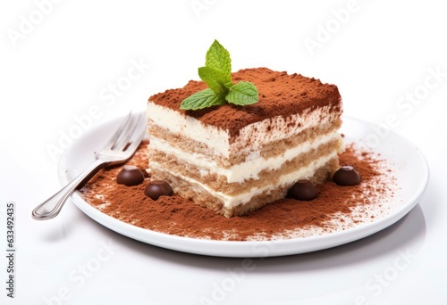 A delicious slice of tiramisu cake on a plate with a fork created with Generative AI technology