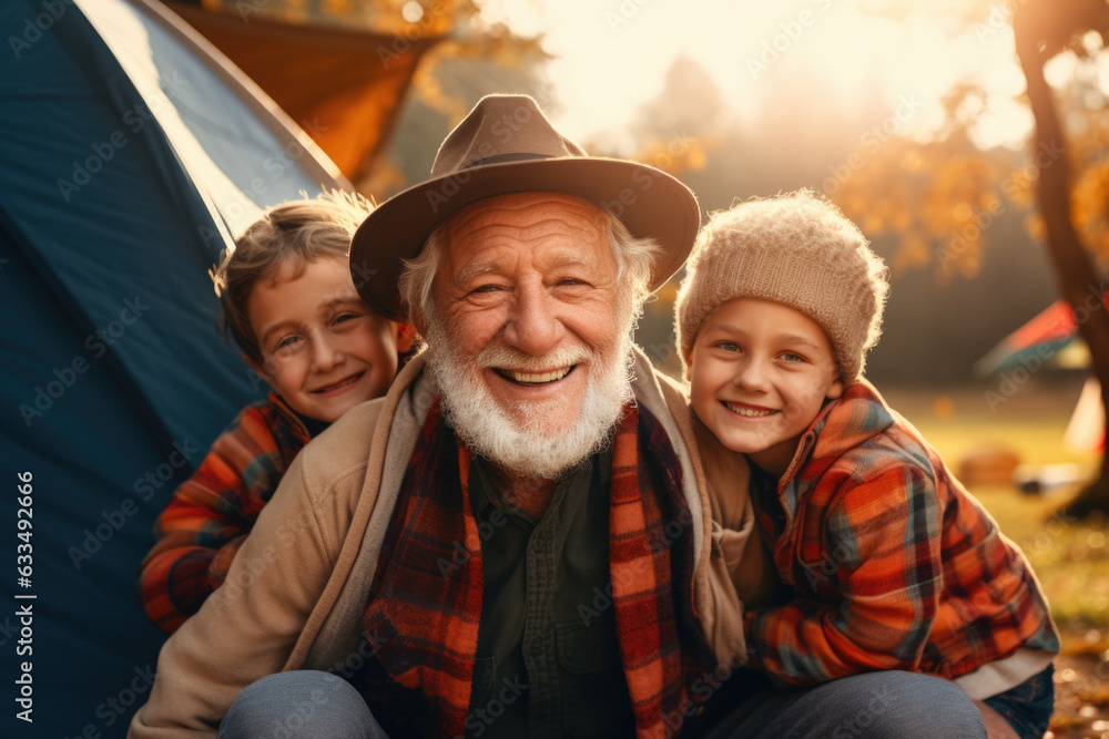 Grandfather and his grandchildren having camping together in autumn.