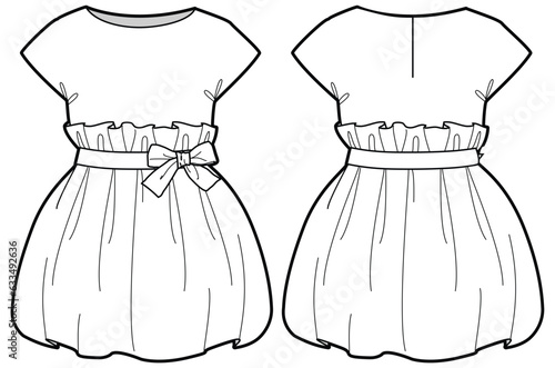 Bubble hem girls dress design flat sketch fashion illustration vector template with front and back view, Toddler baby girl paper bag waist balloon hem frock dress