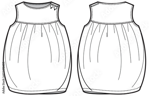 Baby girl sleeveless Bubble hem dress design with round collar flat sketch fashion illustration vector template with front and back view, Toddler baby girl balloon hem frock dress cad drawing