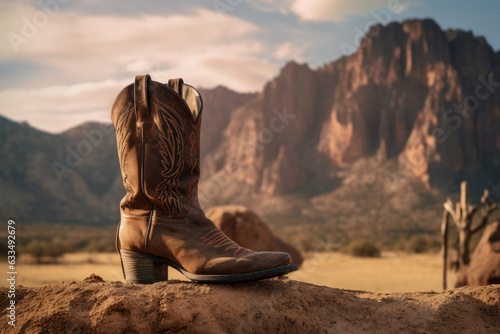 Cowboy boot on a rock in the desert .Generative AI