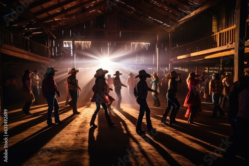 Leinwand Poster People dancing in a barn with cowboy hats .Generative AI
