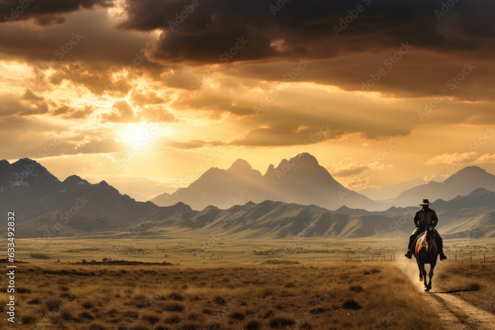 Cowboy riding a horse on a dirt trail in a vast landscape with a dramatic sunset .Generative AI