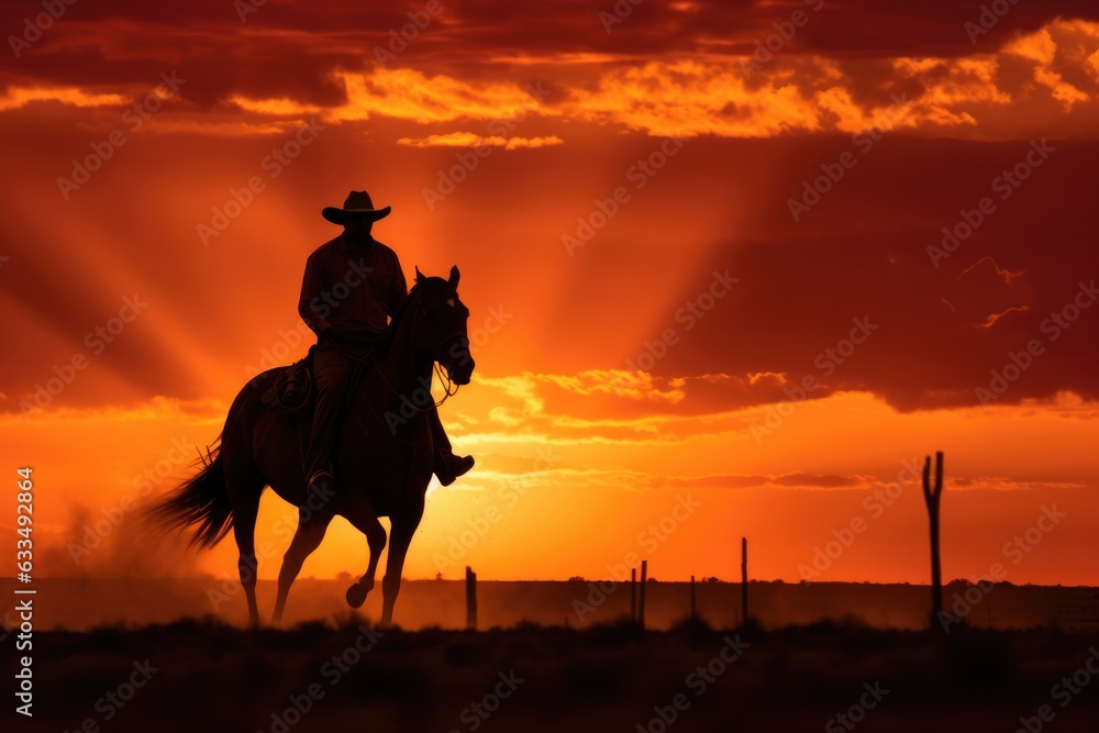 A silhouette of a cowboy on a horse in front of a setting sun. .Generative AI