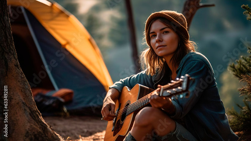 Young hippie woman tourist plays guitar music and sings song near a tent in a camping. Trip travel adventure relax and freedom concept #633492811