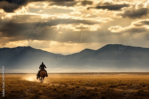 Cowboy on a horse in a vast landscape with dramatic clouds .Generative AI © gankevstock