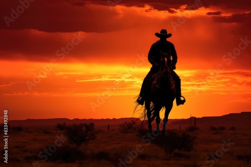 A cowboy riding a horse in a desert at sunset. .Generative AI © gankevstock