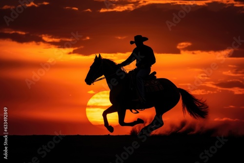 A silhouette of a cowboy on a horse in front of a setting sun. .Generative AI © gankevstock
