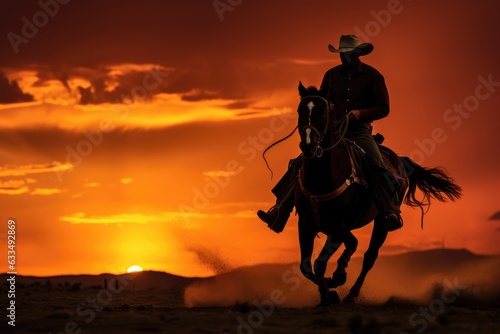 A cowboy riding a horse in a desert at sunset. .Generative AI © gankevstock