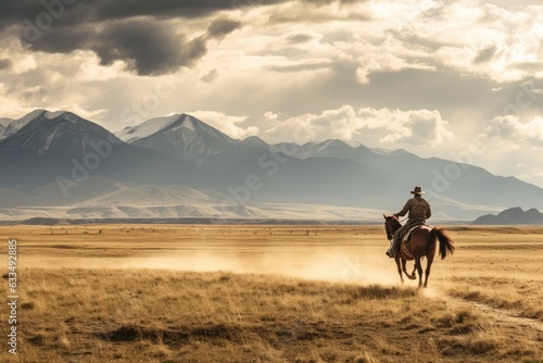 Cowboy on a horse in a vast field with snow-capped mountains  .Generative AI