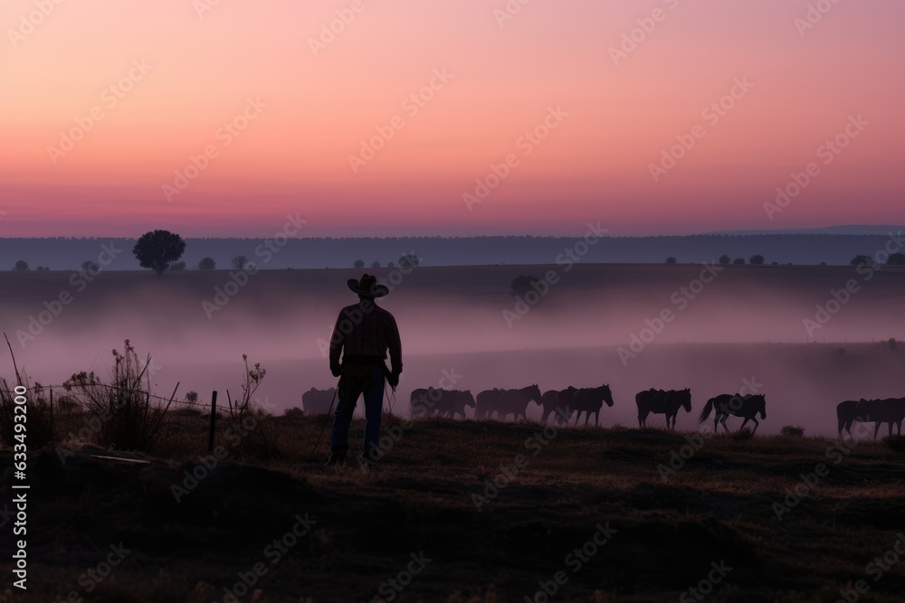 A cowboy on a hill watching over his cattle at sunris. Generative AI
