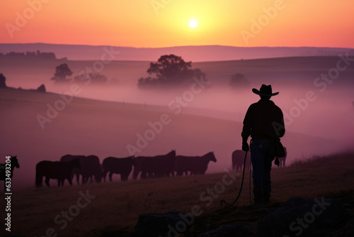 A cowboy on a hill watching over his cattle at sunrise. .Generative AI