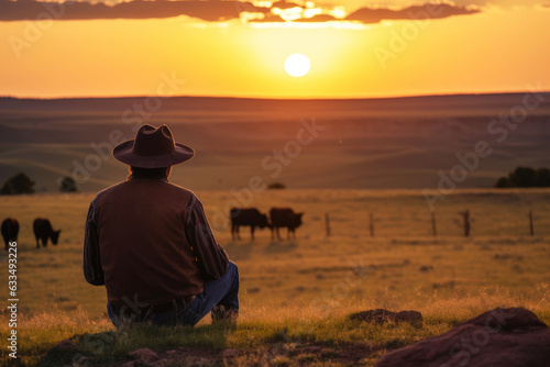 Cowboy on a horse watching a herd of cattle at sunset. Generative AI