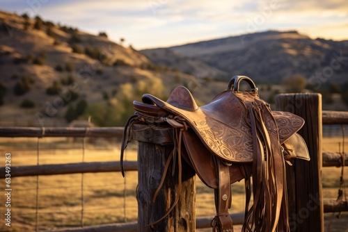 Brown leather saddle on a wooden fence in a country landscape. Generative AI photo