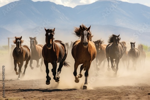 Horses running in a desert landscape with mountains and sky. Generative AI © gankevstock