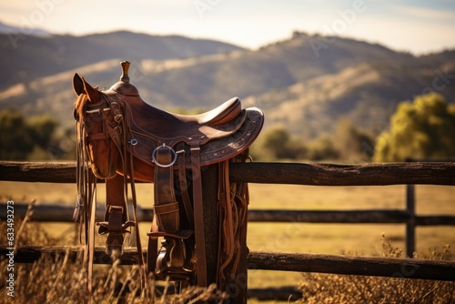 Brown leather saddle on a wooden fence in a country landscape. Generative AI photo