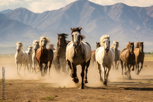 Horses of different colors running in a desert with mountains and sky. Generative AI