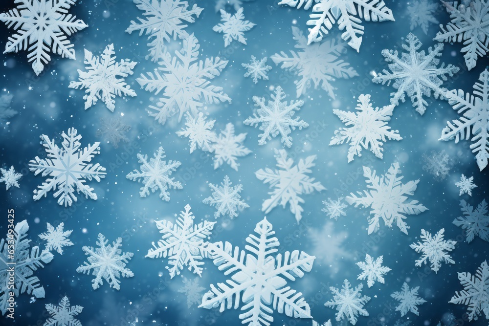 Winter holiday illustration with falling snowflakes on blue background. Christmas concept