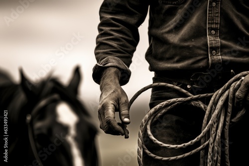 A cowboy’s hand holding a lasso in black and white.Generative AI