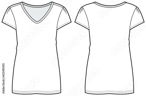 Women's Short sleeve V neck T Shirt flat sketch fashion illustration drawing template mock up with front and back view