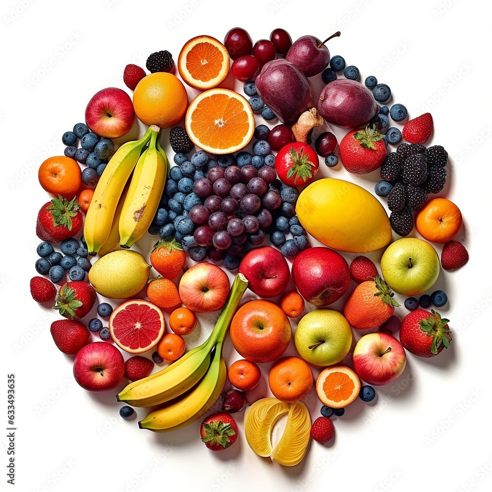 Circle of different fruits on a white background, ai generated Circle of different fruits on a white background, ai generated