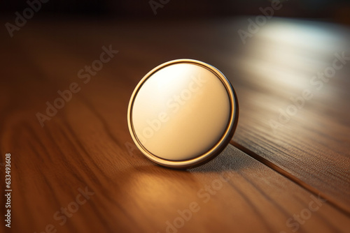 Leinwand Poster Golden metal pin badge button mockup on wooden table