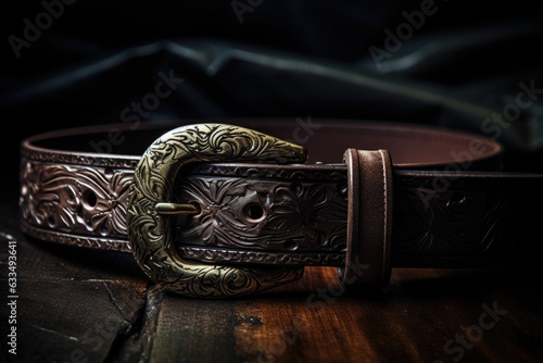 A brown leather belt with an ornate gold floral buckle on a dark wooden surface. Generative AI