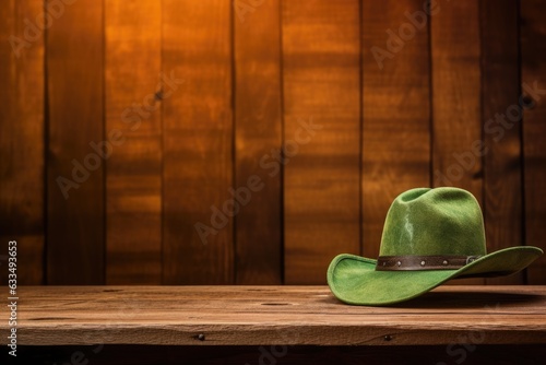 A green cowboy hat with a brown leather band on a dark wooden table. Generative AI photo