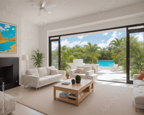 modern living room on private tropical island - Generative AI