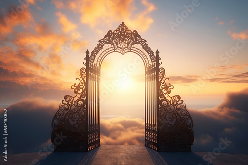 Open gate of heaven in setting sun. Clouds in blue sky. Unknown future
