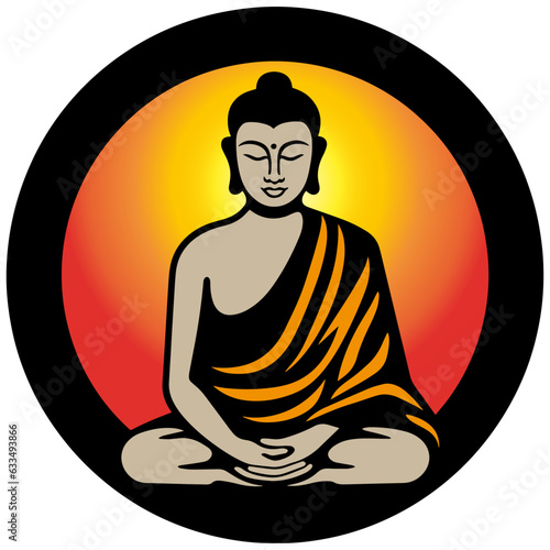 Meditating buddha in a black circle and orange background vector
