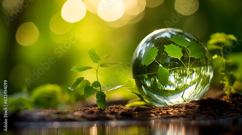 Grüne Glaskugel mit grünen Blättern und Morgensonnenlicht – nachhaltige Umwelt und Ökologie. Ai generated.
