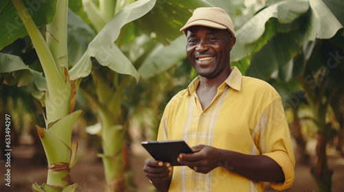 Leinwand Poster Smiling African-American man farmer with a digital tablet in a banana plantation
