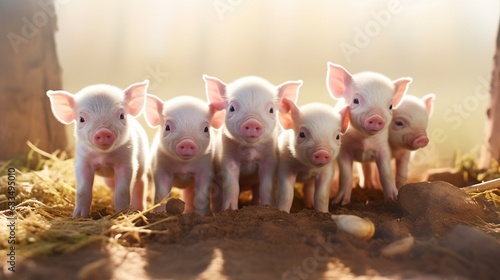Generative AI, little pigs looking at the camera on a farm