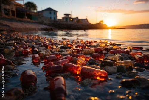 Plastic bottles on the seashore. Environmental pollution by plastic waste. Generative AI