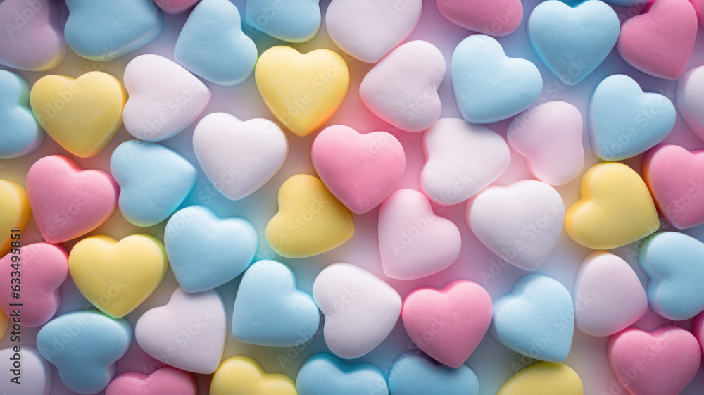 Colorful Pastel Heart-Shaped Marshmallows Background Colorful Pastel Heart-Shaped Marshmallows Background
