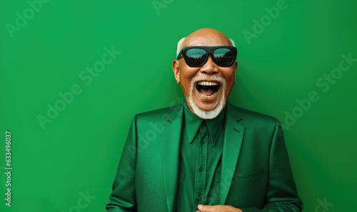 asian man with glasses and green suit infront of green background