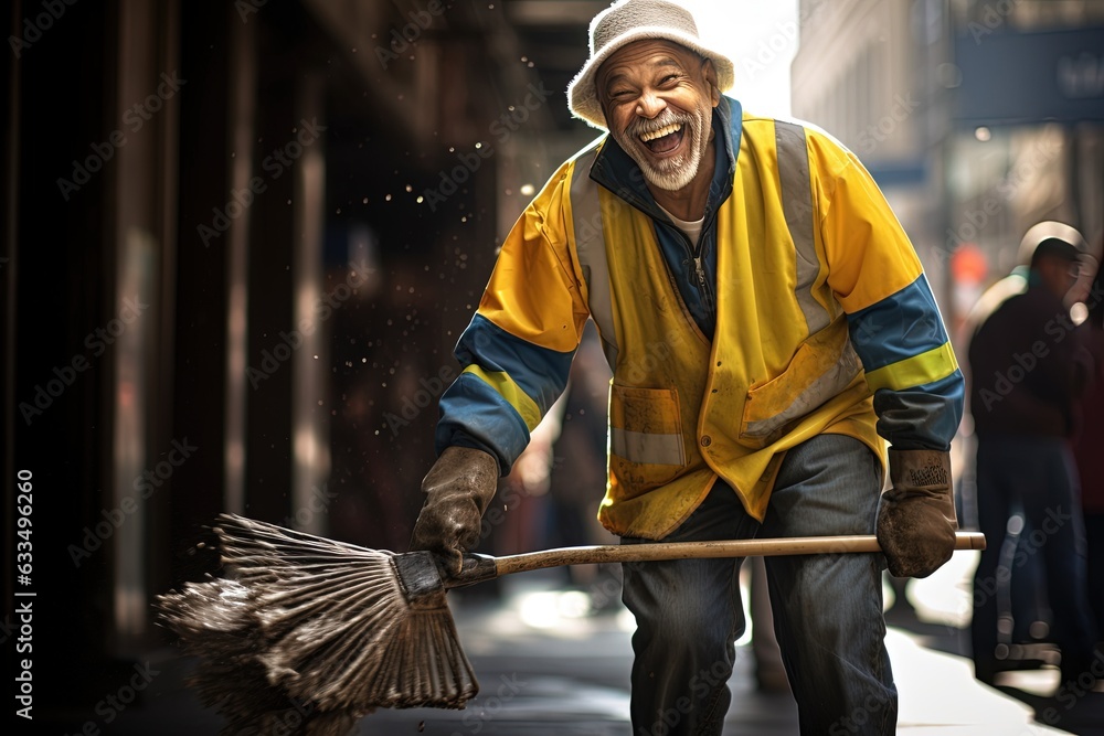 A happy janitor sweeps the street.