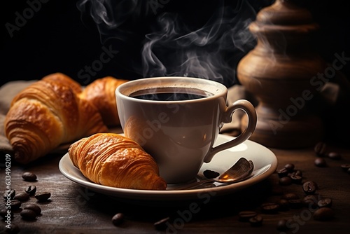 A cup of steaming hot coffee with a plate of freshly baked croissants.