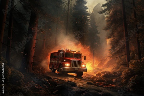 A fire truck driving through a forest filled with trees. Firefighters fighting forest fire. 