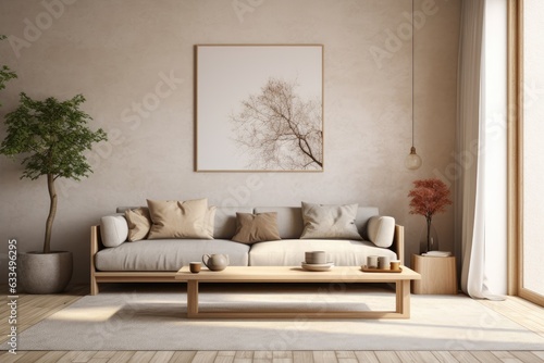 ReMockup Of modern interior background in a living room, reflecting the Scandinavian style, through a render and illustration. Mimic the appearance of a mockup poster frame within this setting