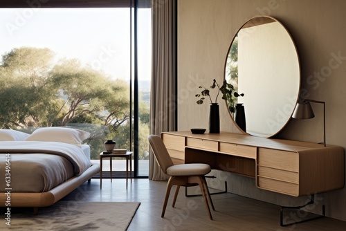 A contemporary, asymmetrical mirror hangs above a minimalist wooden vanity table positioned beside a comfortable bed in the bedroom.