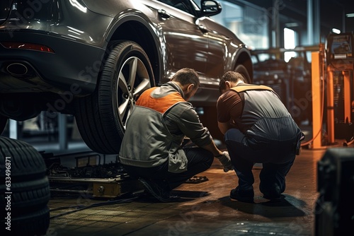 Photo Car mechanics changing tire at auto repair shop garage.