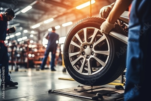 Car mechanics changing tire at auto repair shop garage.