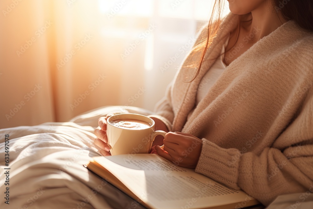 Woman reading book in cozy bed with warm coffee cup.