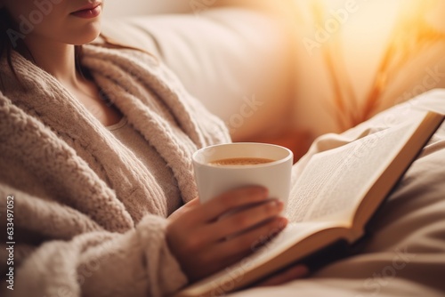 Woman reading book in cozy bed with warm coffee cup.