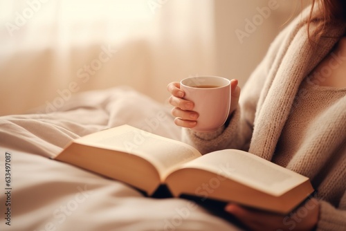 Woman reading book in cozy bed with warm coffee cup.