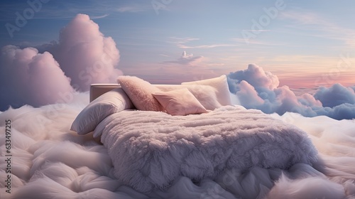 A bed with a blanket and pillows in the clouds.