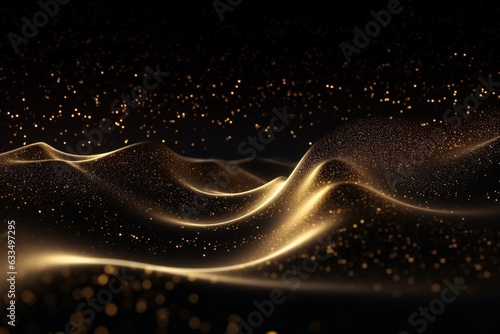 Digital Gold Particles Wave and light abstract background with shining floor particle stars dust. Futuristic glittering Luxury golden sparkling on black background. 