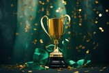 Golden trophy and streamers, green background.